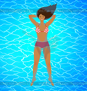 Happy young woman floating on blue water surface - vector clipart
