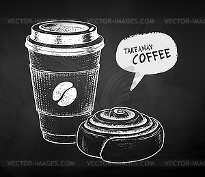 Chalk Coffee paper cup with Cinnamon Roll - royalty-free vector clipart