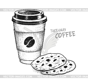 Бумажный кофейный стаканчик и шоколадное печенье - черно-белый векторный клипарт