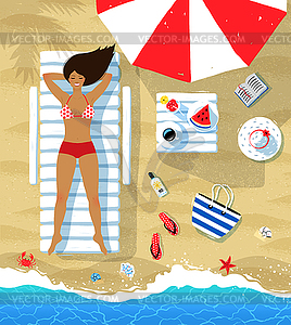 Young woman lying on beach under parasol - vector clipart / vector image