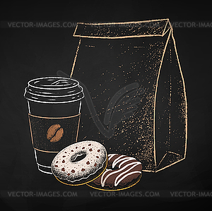 Coffee to go cup with donuts and paper bag - vector image