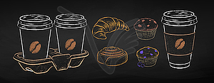 Chalk drawn Coffee to go cups and food - vector image