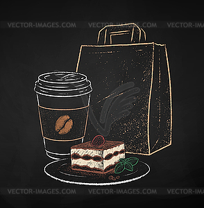 Coffee to go cup with Tiramisu and paper bag - vector clipart