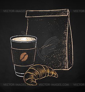 Chalked Coffee cup and croissant with paper bag - vector clipart