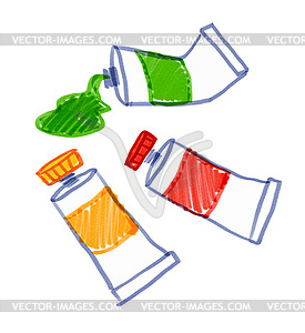 Child drawing of colorful paint tubes - vector image