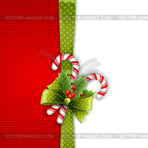 Christmas decoration with holly leaves and candy - vector image
