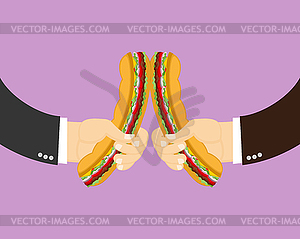 Sandwich clinking. Two male hands holding and - vector image