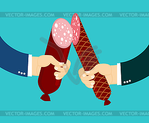 Sausage clinking. Two male hands holding and - vector image