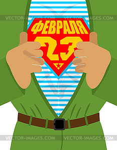 23 February. Russian soldier torso superhero. - vector image