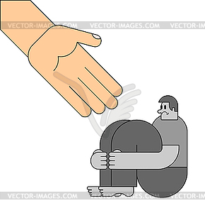 Hand helps Lonely man in depression. Unhappy guy - vector clip art