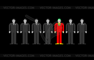 Individuality in gray crowd. Man in bright suit in - vector clip art