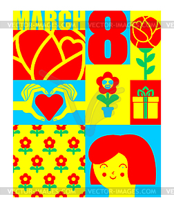 8 March. International womens day. Flower, heart an - vector image