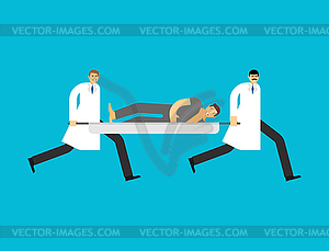 Doctors carry patient on stretcher. Transportation - vector clipart