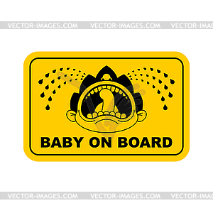 Baby on car sticker. Kid on board. face of crying - vector clipart