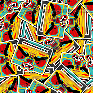 Angry Boombox pattern seamless. Grumpy Audio tape - vector image