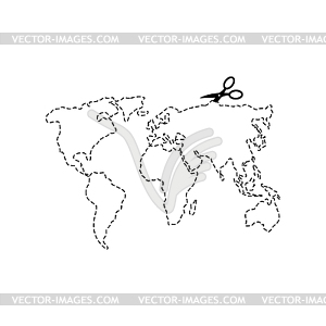 Scissors cut map world template. Dashed line - vector clip art