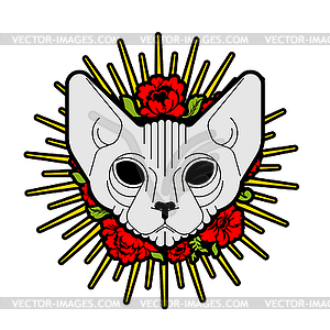 Sphynx cat with flowers. Pet and rose flower Tattoo - vector image