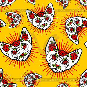 Sphynx cat with flowers pattern seamless. Pet and - vector image