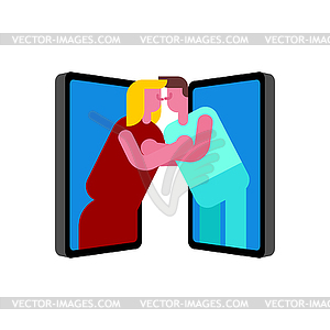 Online kiss. Online relationship between lovers. - vector image