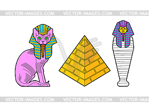 Sphinx cat and Egyptian pyramid set. Sacred animal - vector clipart