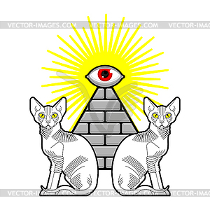 Sphinx cat and Egyptian pyramid. Sacred animal of - vector clip art