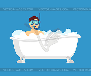 Man dives in bath. Man in swimming mask and snorkel - vector clipart