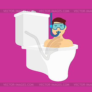 Man dives in toilet bowl. Man in swimming mask and - vector clipart