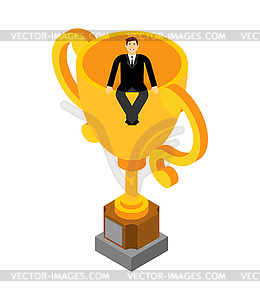 Man sitting on golden cup. Top manager took first - vector clipart