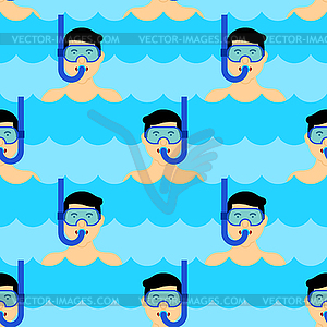 Man in swimming mask and snorkel in ocean pattern - vector image