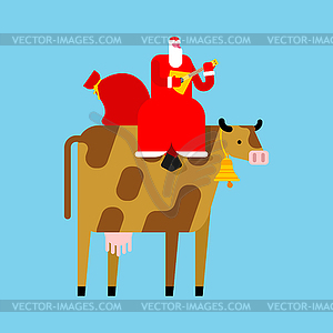 Санта-Клаус верхом на корове. 2021 Новый год символ быка - изображение в формате EPS