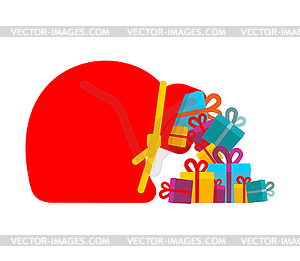 Large sack of Santa with gifts. Boxes fall out of - vector clipart