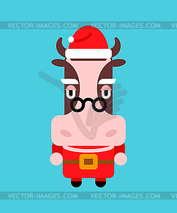 Santa Claus cow. Bull in red clothes. New year and - vector clipart