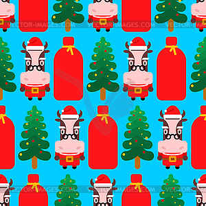 Santa Claus cow and Christmas tree pattern seamless - vector image
