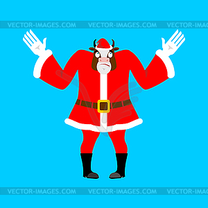 Surprised Santa bull. Perplexed cow in red suit. - vector image