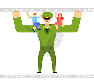 Strong military dad with children. for 23 February - vector image