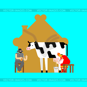 Real Russia. Woman milks cow. Man plays balalaika. - vector clip art