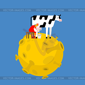 Russian farm on Moon. Woman milks cow. Man plays - vector EPS clipart