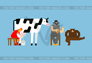 Russian village set. Woman milks cow. Man plays - vector clip art