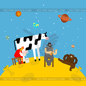 Русская ферма на Луне. Женщина доит корову. Человек играет - векторное изображение EPS
