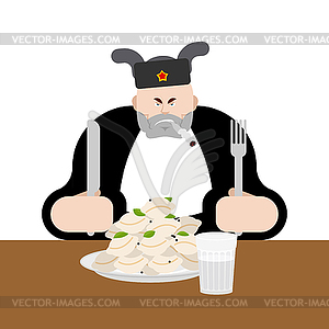 Lunch in Russia. Angry Russian man eats dumplings. - vector image