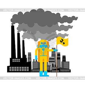 Industrial Zone. Man in protective suit and - vector image