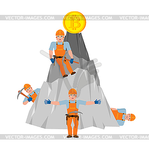 Miner and Bitcoin mountain. Worker with pickaxe - vector clip art