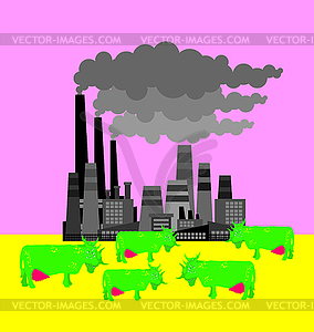 Radioactive cow and toxic waste of factory. - color vector clipart