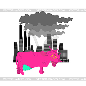 Radioactive cow and toxic waste of factory. - vector image