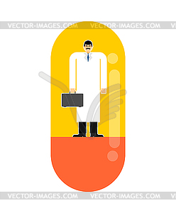 Doctor inside pill. Medical drugs concept - vector clip art