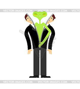 Alien inside man. UFO climbs out of person - vector image
