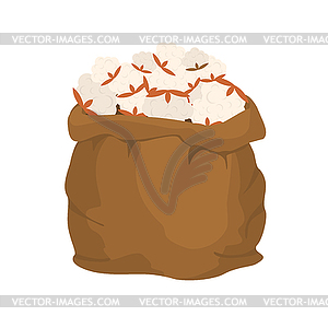 Cotton inflorescences in bag. Cotton harvest. - vector image