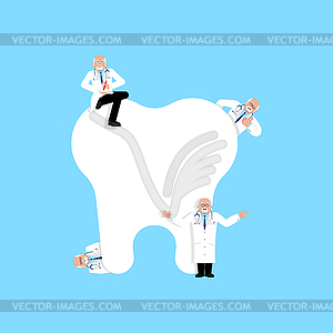 Little dentists treat tooth. Dentists big tooth - royalty-free vector image