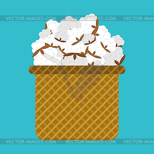 Cotton harvest. Many cotton inflorescences in basket - vector image