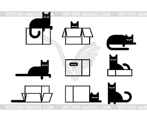 Cat in box set. pet inside Carton case sign - vector clip art